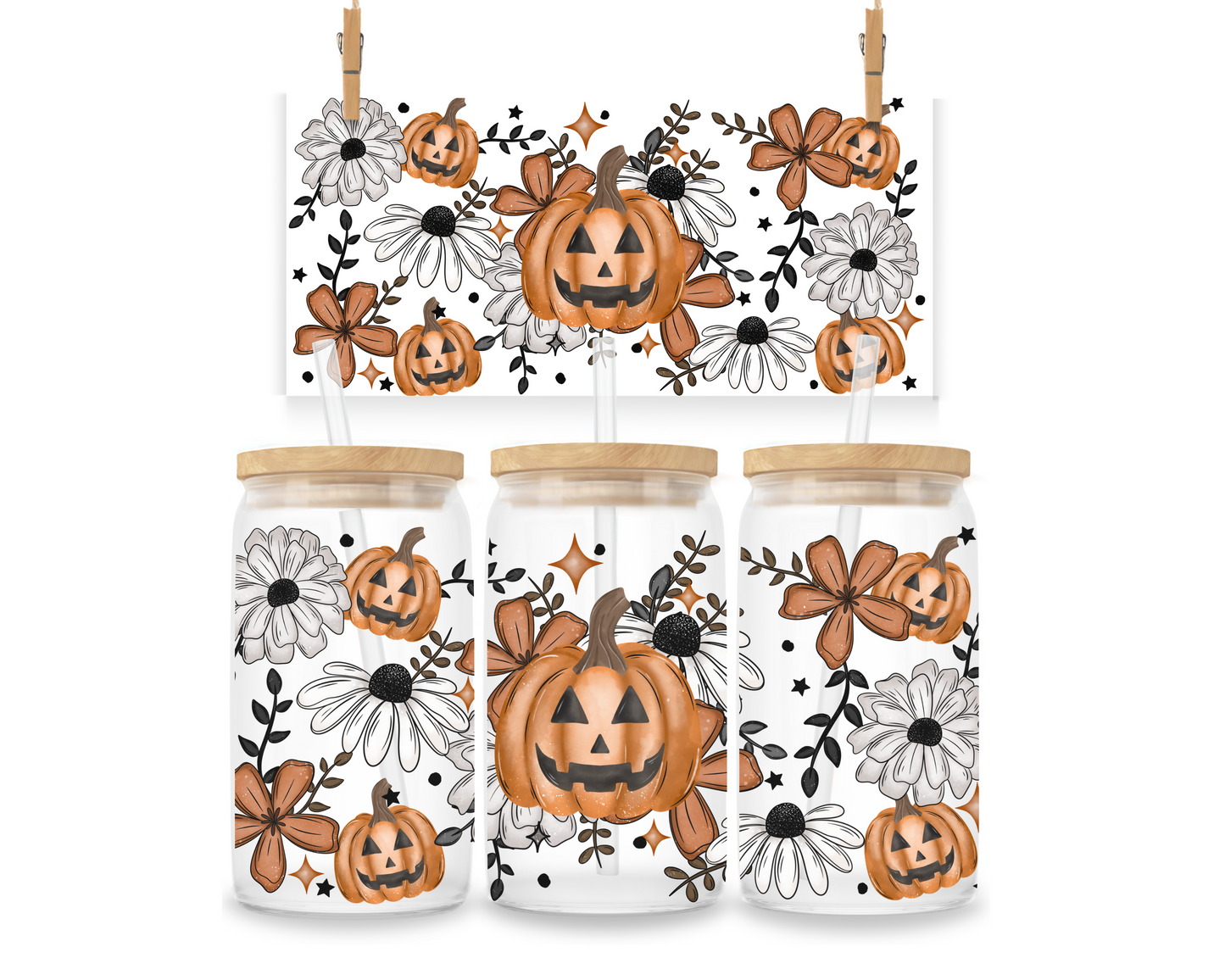 Gobelet - Halloween - Citrouilles, Fleurs blanches et grises