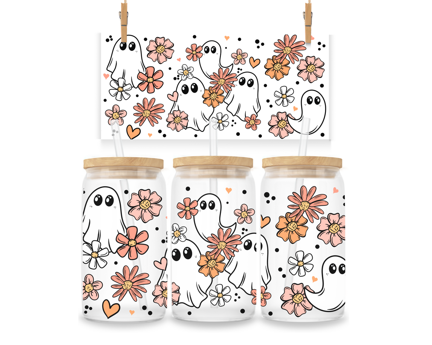 Gobelet - Halloween - Petits fantômes fleurs roses et oranges