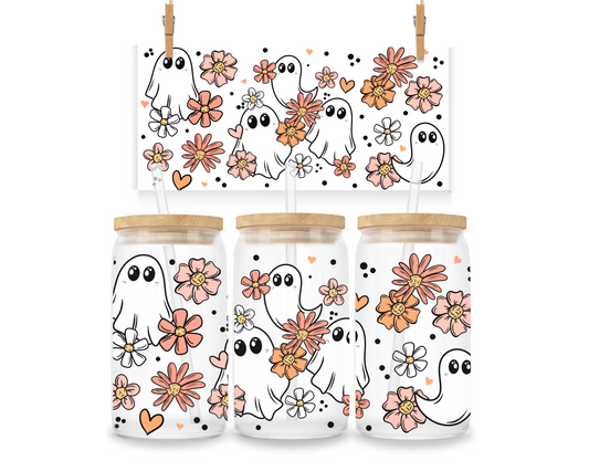 Gobelet - Halloween - Petits fantômes fleurs roses et oranges