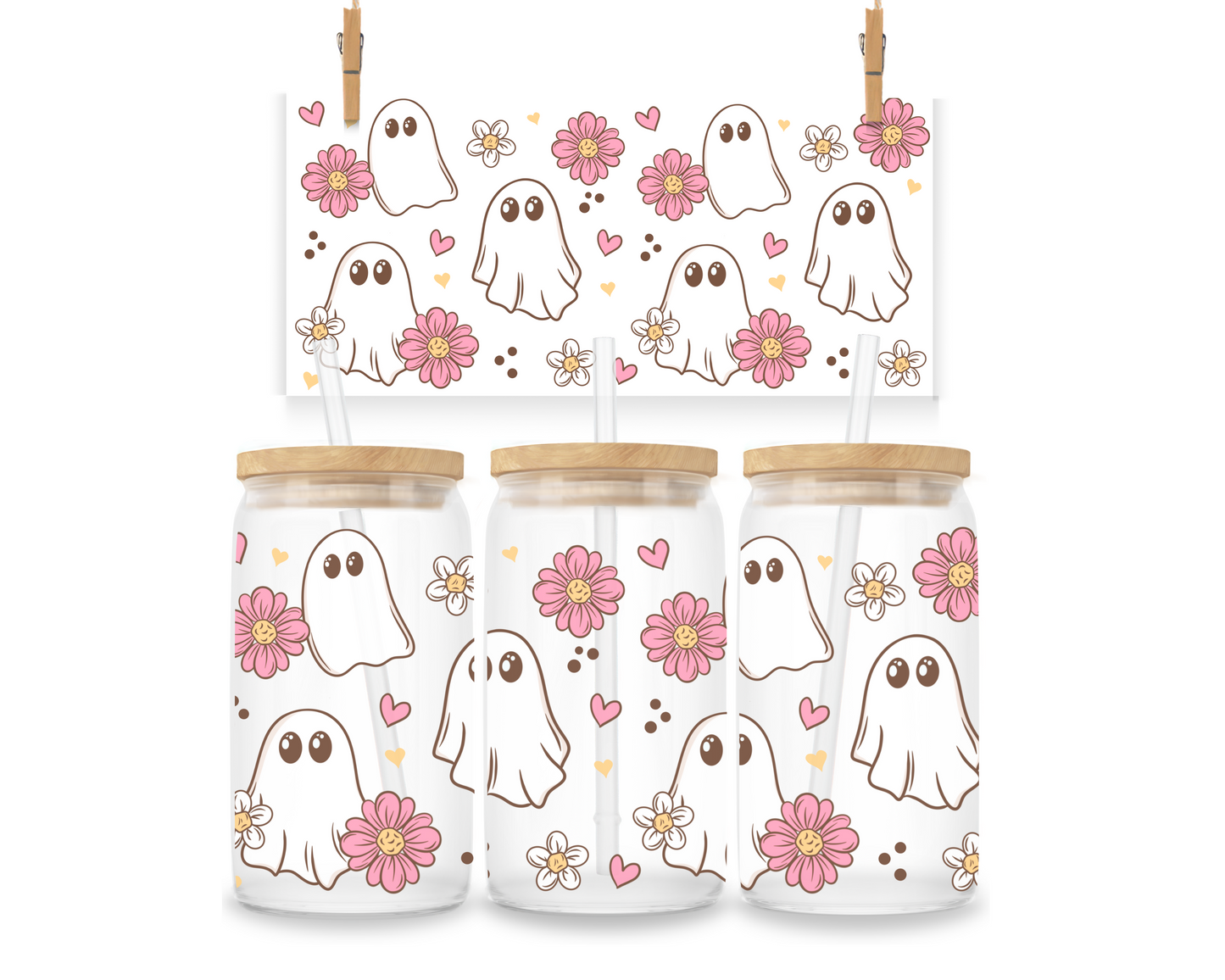 Gobelet - Halloween - Petits fantômes et fleurs roses