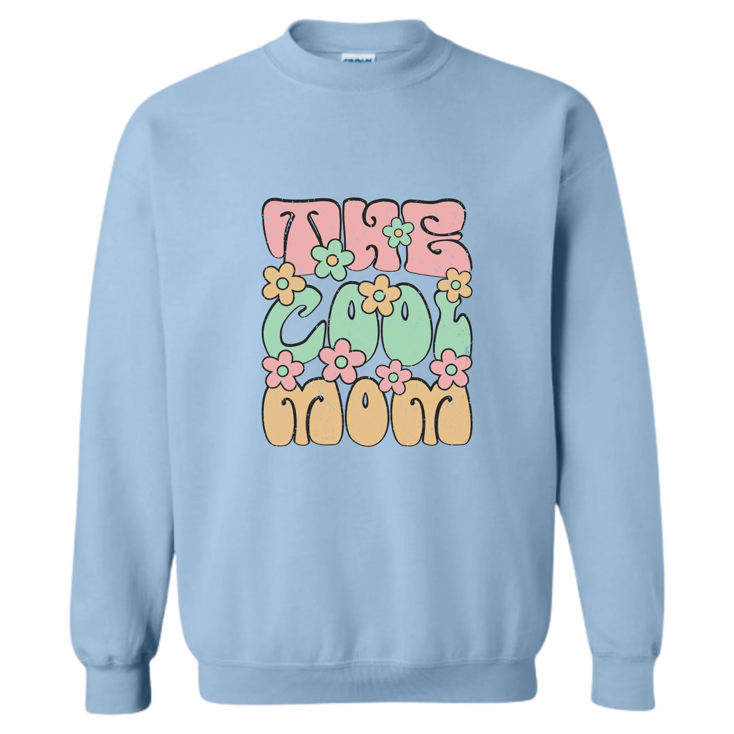 Sweat-shirt bleu clair 'The Cool Mom' avec fleurs colorées, design rétro et tendance