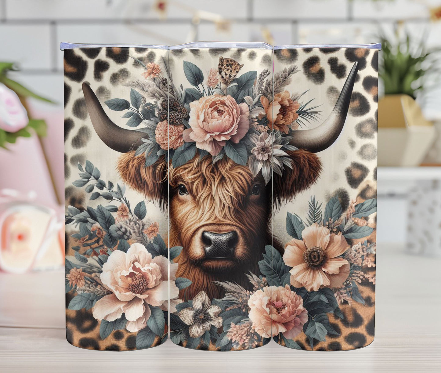 Thermos - Highland Cow Leopard et Fleurs