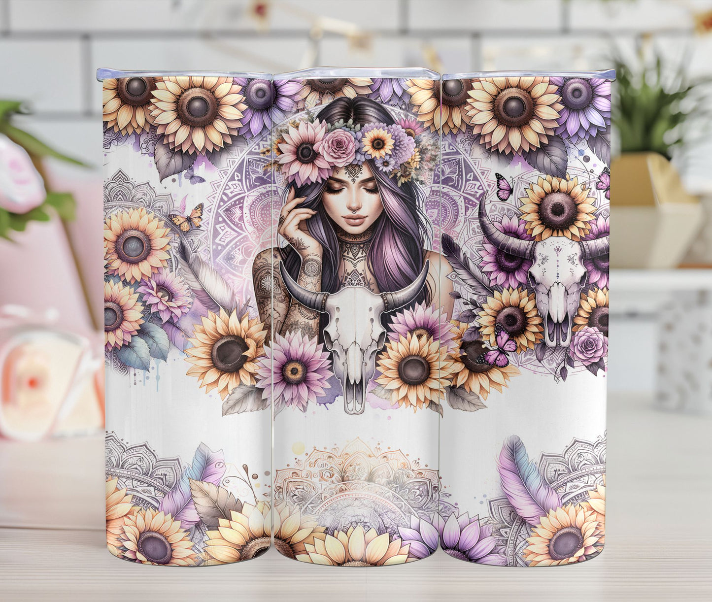 Thermos - Boho western girl and bull skull