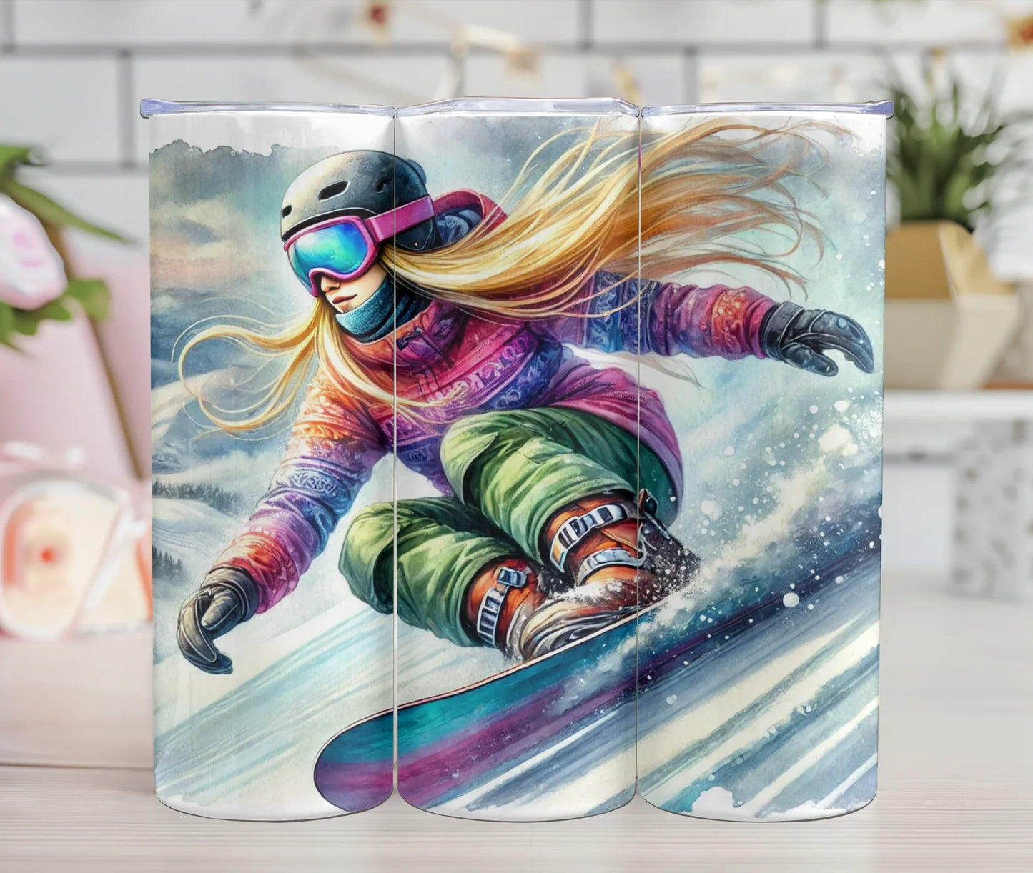 Paravent décoratif avec illustration de snowboardeuse en action, design hiver montagne, idéal décoration intérieur