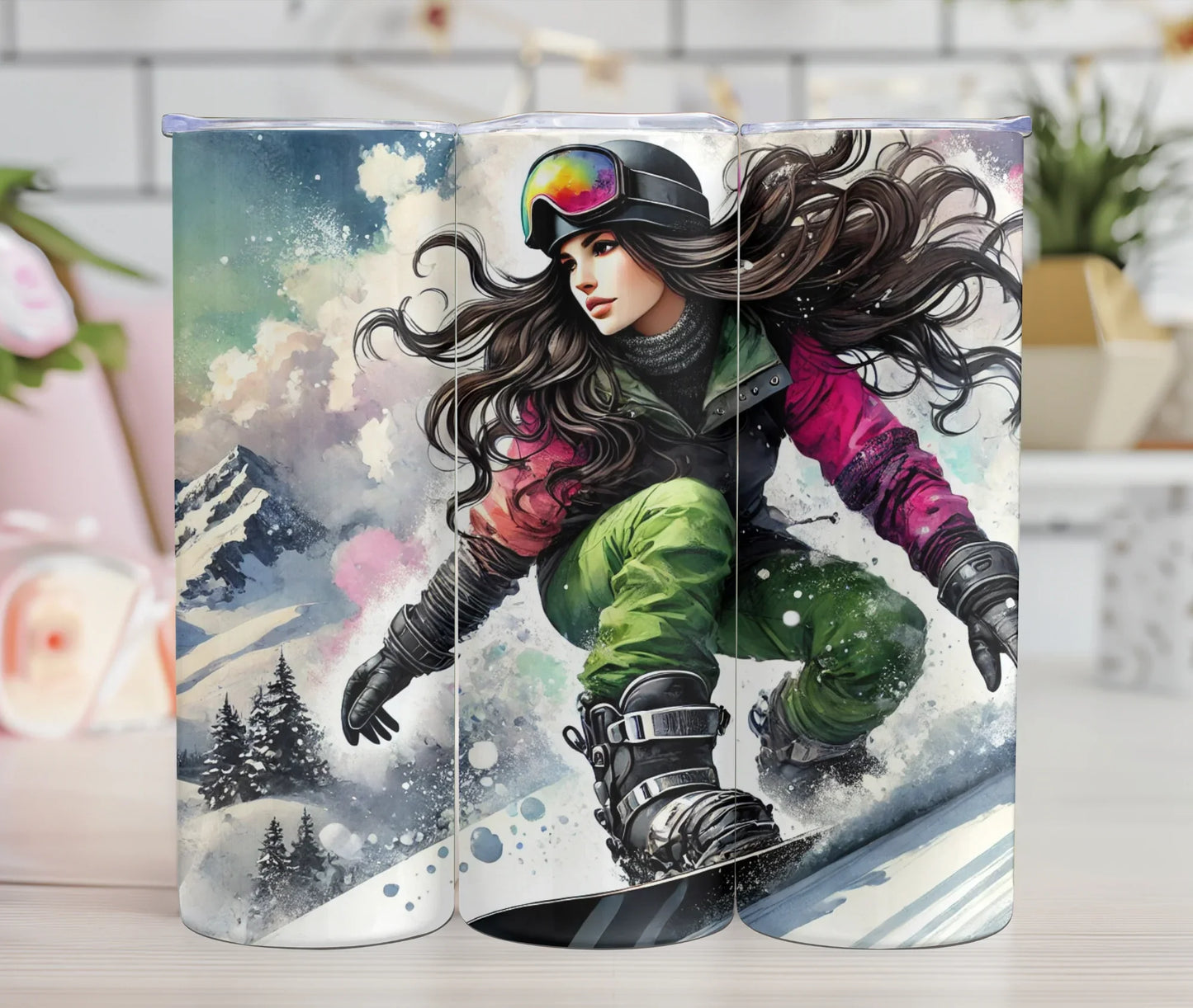 Tasse isotherme design snowboard femme, montagne, hiver, art coloré