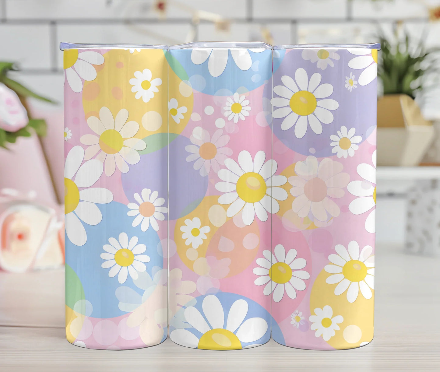 Gobelets réutilisables motif marguerites pastel et cercles colorés, design printemps