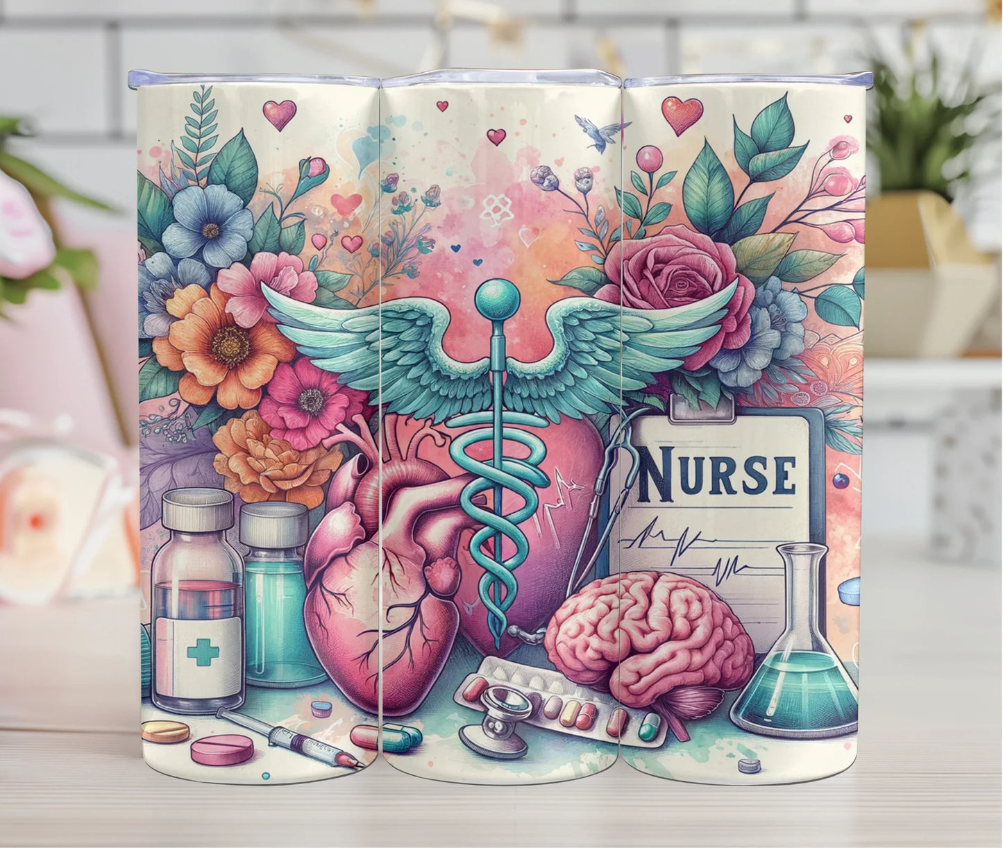 Illustration artistique infirmière avec coeur, cerveau, fleurs et symbole médical