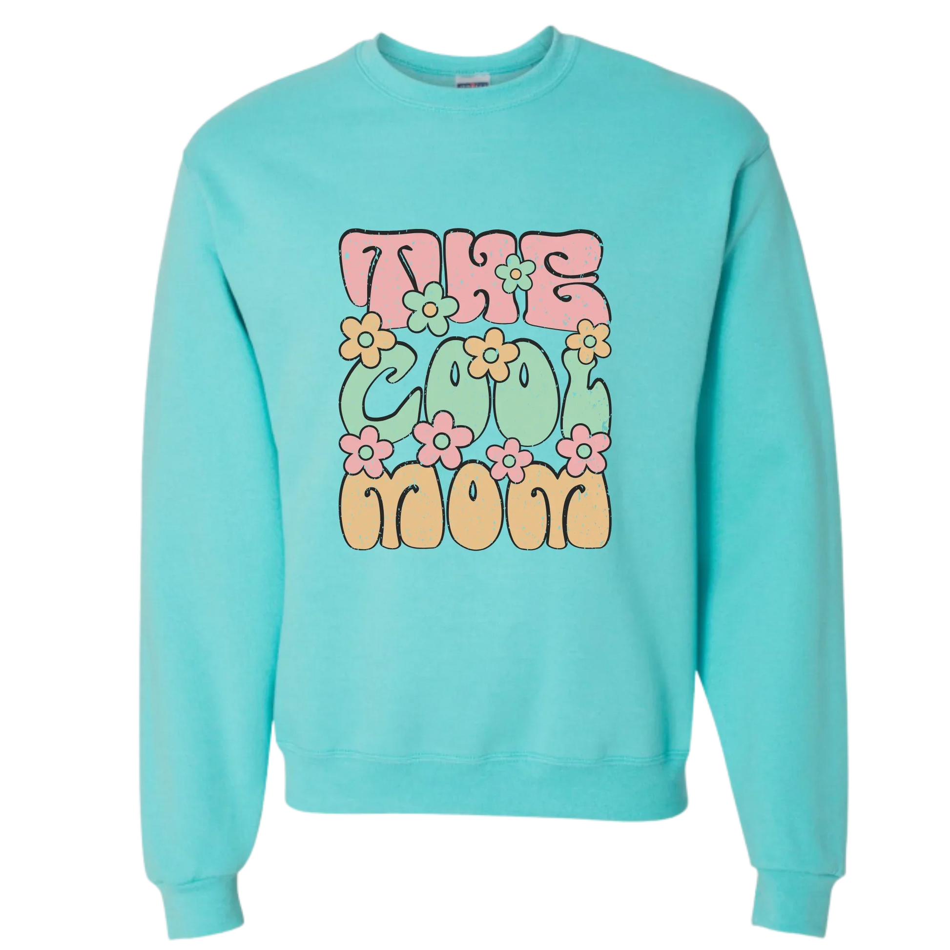 Sweat-shirt turquoise 'The Cool Mom' avec fleurs pastel, design tendance pour maman stylée
