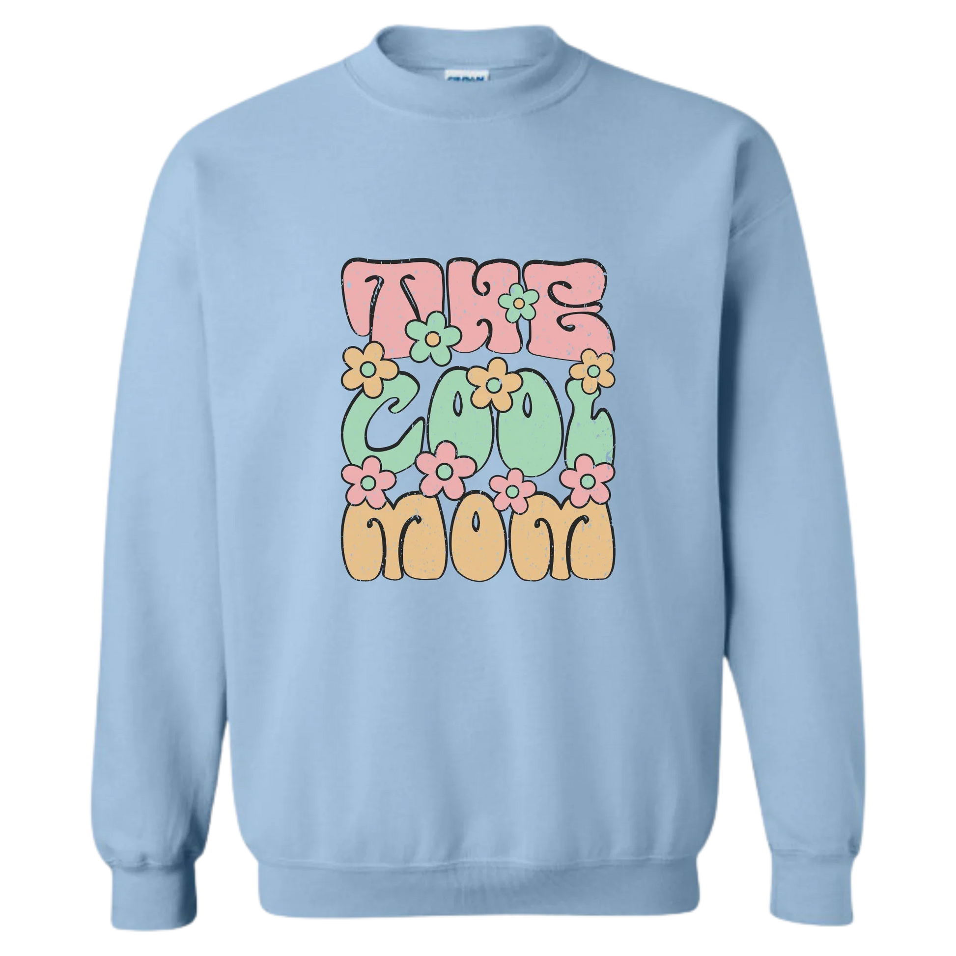 Sweat-shirt bleu clair 'The Cool Mom' avec fleurs colorées, design rétro et tendance