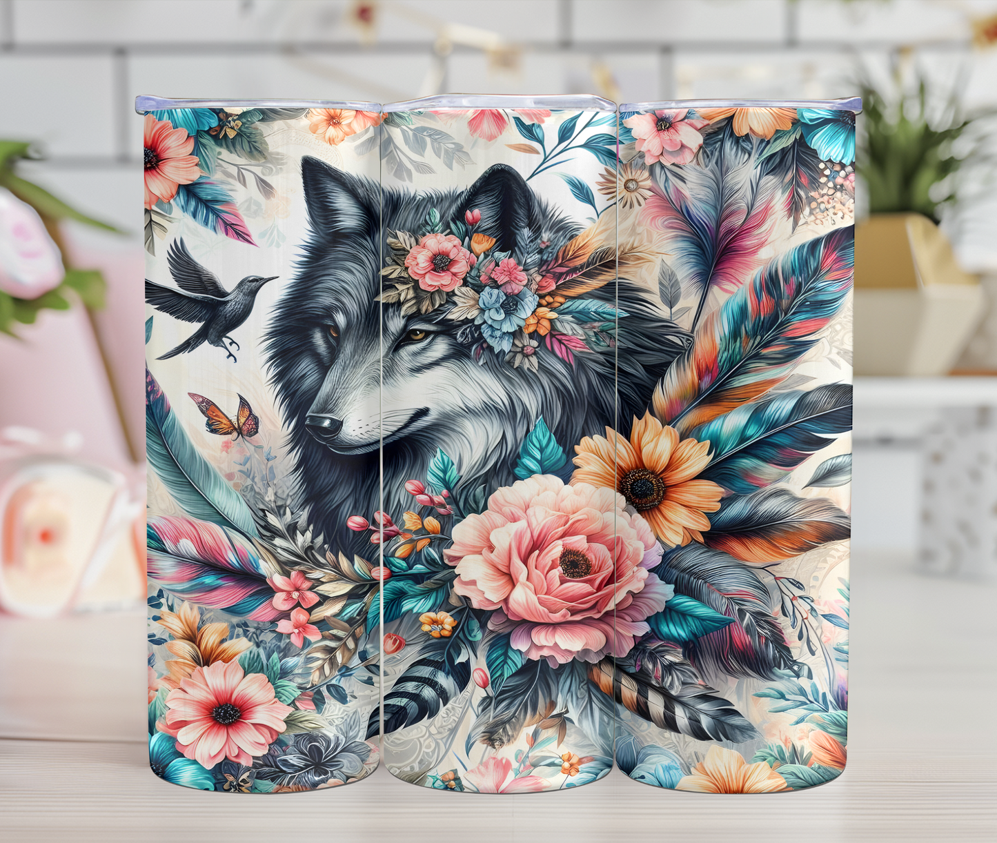 Thermos - Loup et Fleurs et Plumes