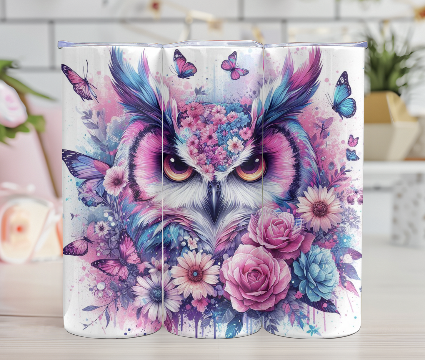 Thermos - Hibou - Mandala rose et bleu